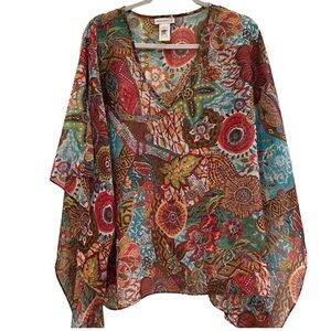 Susan Graver Batwing V-Neck Printed Scarf Top 2X (22-24) Multi-Color